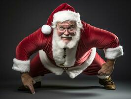 hombre vestido como Papa Noel claus en juguetón actitud en sólido antecedentes ai generativo foto