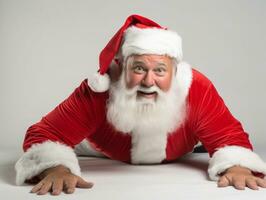 hombre vestido como Papa Noel claus en juguetón actitud en sólido antecedentes ai generativo foto