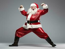 Man dressed as Santa Claus in playful pose on solid background AI Generative photo