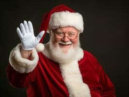 hombre vestido como Papa Noel claus en juguetón actitud en sólido antecedentes ai generativo foto