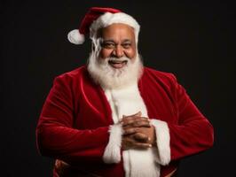 hombre vestido como Papa Noel claus en juguetón actitud en sólido antecedentes ai generativo foto