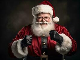 hombre vestido como Papa Noel claus en juguetón actitud en sólido antecedentes ai generativo foto