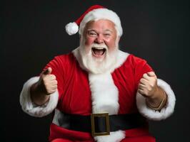 hombre vestido como Papa Noel claus en juguetón actitud en sólido antecedentes ai generativo foto