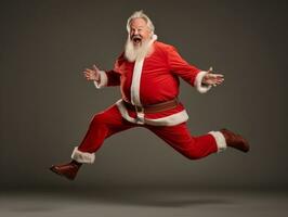 hombre vestido como Papa Noel claus en juguetón actitud en sólido antecedentes ai generativo foto