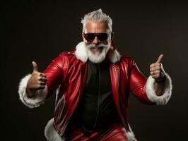 hombre vestido como Papa Noel claus en juguetón actitud en sólido antecedentes ai generativo foto