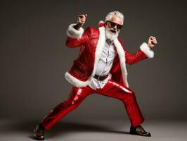 hombre vestido como Papa Noel claus en juguetón actitud en sólido antecedentes ai generativo foto