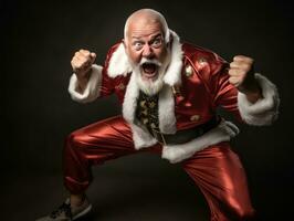 hombre vestido como Papa Noel claus en juguetón actitud en sólido antecedentes ai generativo foto