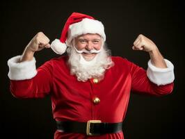 hombre vestido como Papa Noel claus en juguetón actitud en sólido antecedentes ai generativo foto