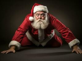 hombre vestido como Papa Noel claus en juguetón actitud en sólido antecedentes ai generativo foto