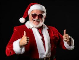 hombre vestido como Papa Noel claus en juguetón actitud en sólido antecedentes ai generativo foto