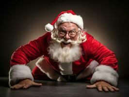 hombre vestido como Papa Noel claus en juguetón actitud en sólido antecedentes ai generativo foto