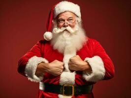 Man dressed as Santa Claus in playful pose on solid background AI Generative photo