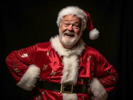 hombre vestido como Papa Noel claus en juguetón actitud en sólido antecedentes ai generativo foto