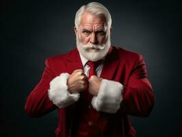 hombre vestido como Papa Noel claus en juguetón actitud en sólido antecedentes ai generativo foto