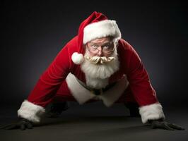 Man dressed as Santa Claus in playful pose on solid background AI Generative photo