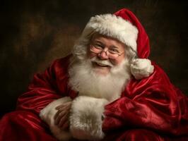 hombre vestido como Papa Noel claus en juguetón actitud en sólido antecedentes ai generativo foto