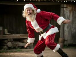 hombre vestido como Papa Noel claus en juguetón actitud en sólido antecedentes ai generativo foto