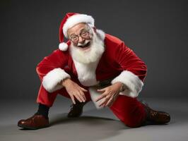 hombre vestido como Papa Noel claus en juguetón actitud en sólido antecedentes ai generativo foto