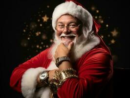 hombre vestido como Papa Noel claus en juguetón actitud en sólido antecedentes ai generativo foto