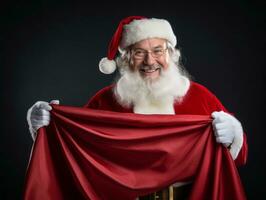 hombre vestido como Papa Noel claus en juguetón actitud en sólido antecedentes ai generativo foto