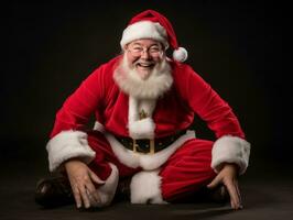 hombre vestido como Papa Noel claus en juguetón actitud en sólido antecedentes ai generativo foto