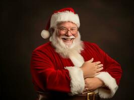 hombre vestido como Papa Noel claus en juguetón actitud en sólido antecedentes ai generativo foto