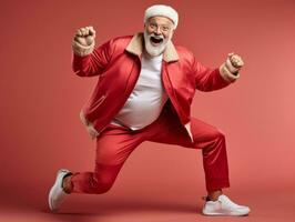 hombre vestido como Papa Noel claus en juguetón actitud en sólido antecedentes ai generativo foto