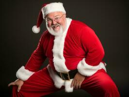 hombre vestido como Papa Noel claus en juguetón actitud en sólido antecedentes ai generativo foto