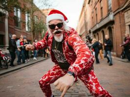 hombre vestido como Papa Noel claus en juguetón actitud en sólido antecedentes ai generativo foto