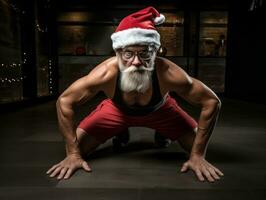 hombre vestido como Papa Noel claus en juguetón actitud en sólido antecedentes ai generativo foto