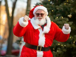 hombre vestido como Papa Noel claus en juguetón actitud en sólido antecedentes ai generativo foto