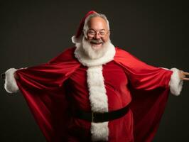 hombre vestido como Papa Noel claus en juguetón actitud en sólido antecedentes ai generativo foto