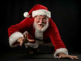 hombre vestido como Papa Noel claus en juguetón actitud en sólido antecedentes ai generativo foto