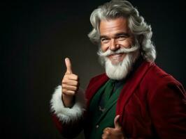 Man dressed as Santa Claus in playful pose on solid background AI Generative photo
