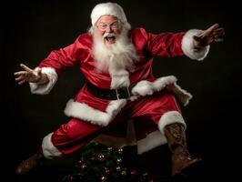 hombre vestido como Papa Noel claus en juguetón actitud en sólido antecedentes ai generativo foto