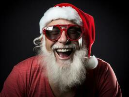 hombre vestido como Papa Noel claus en juguetón actitud en sólido antecedentes ai generativo foto