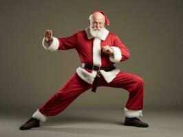 Man dressed as Santa Claus in playful pose on solid background AI Generative photo