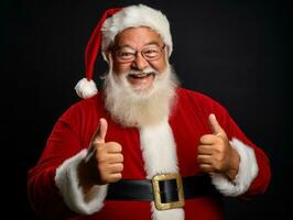 hombre vestido como Papa Noel claus en juguetón actitud en sólido antecedentes ai generativo foto