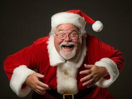 hombre vestido como Papa Noel claus en juguetón actitud en sólido antecedentes ai generativo foto