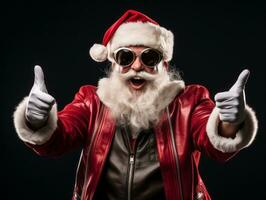 hombre vestido como Papa Noel claus en juguetón actitud en sólido antecedentes ai generativo foto