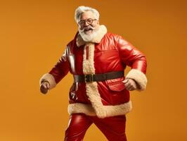 hombre vestido como Papa Noel claus en juguetón actitud en sólido antecedentes ai generativo foto