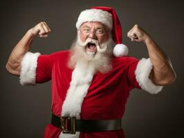 Man dressed as Santa Claus in playful pose on solid background AI Generative photo