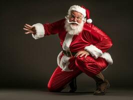 hombre vestido como Papa Noel claus en juguetón actitud en sólido antecedentes ai generativo foto