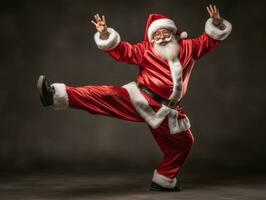 hombre vestido como Papa Noel claus en juguetón actitud en sólido antecedentes ai generativo foto