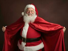 hombre vestido como Papa Noel claus en juguetón actitud en sólido antecedentes ai generativo foto