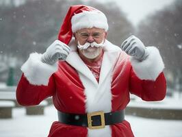 hombre vestido como Papa Noel claus en juguetón actitud en sólido antecedentes ai generativo foto