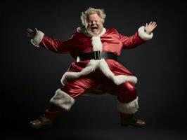 hombre vestido como Papa Noel claus en juguetón actitud en sólido antecedentes ai generativo foto