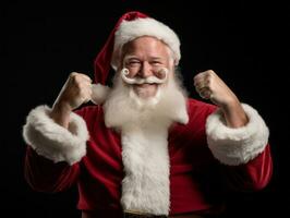 hombre vestido como Papa Noel claus en juguetón actitud en sólido antecedentes ai generativo foto