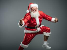 Man dressed as Santa Claus in playful pose on solid background AI Generative photo