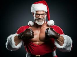 hombre vestido como Papa Noel claus en juguetón actitud en sólido antecedentes ai generativo foto